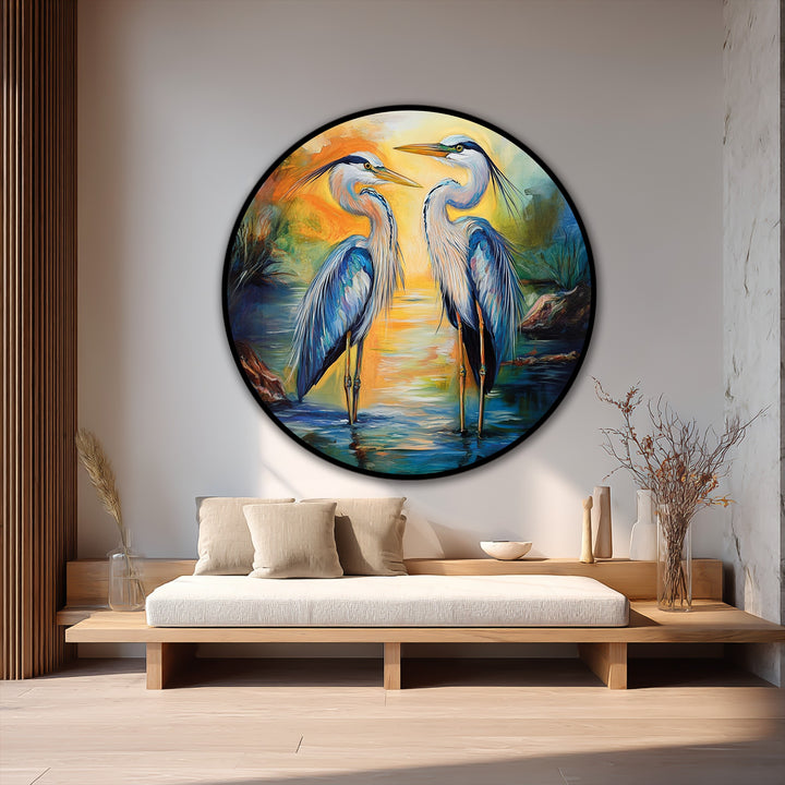 Abstract oil painting decoration showcases graceful herons at sunset, offering colorful, circular reflections and a serene ambiance in nature-inspired art.