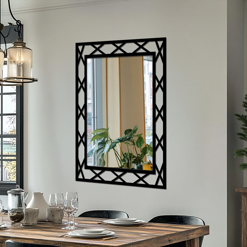 Highlighting the layering effect, this diamond lattice modern frame mirror exemplifies decorating with wall mirrors, creating depth and visual interest in the room's design.