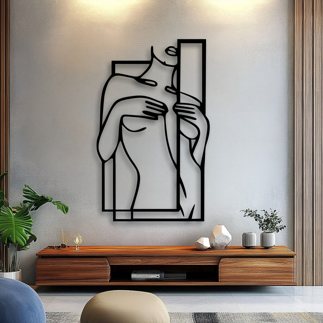 Vertically oriented decoration wall art showcases a minimalist female figure line art within a striking geometric frame.