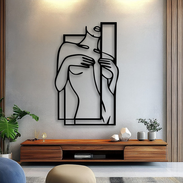 Vertically oriented decoration wall art showcases a minimalist female figure line art within a striking geometric frame.