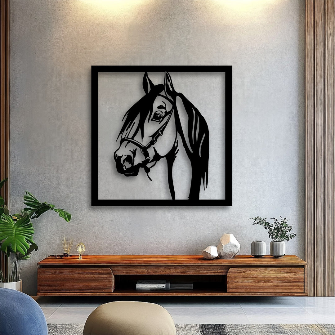 The central subject is a striking black silhouette of a graceful horse's head, framed against a wall, showcasing unique metal wall art.
