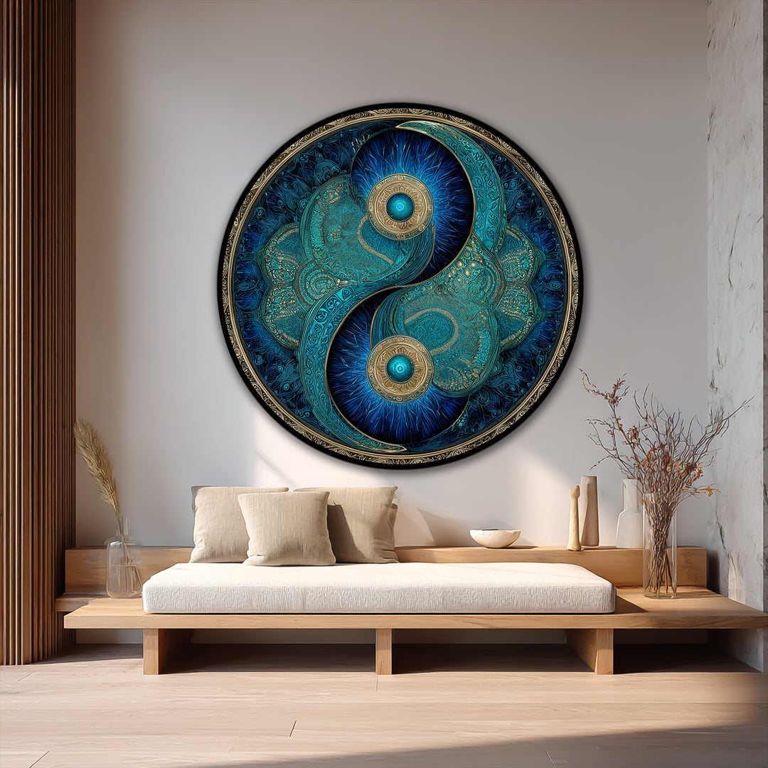 Équilibre Éternel–Turquoise Yin Yang Rond Tableau Peinture à l’huile