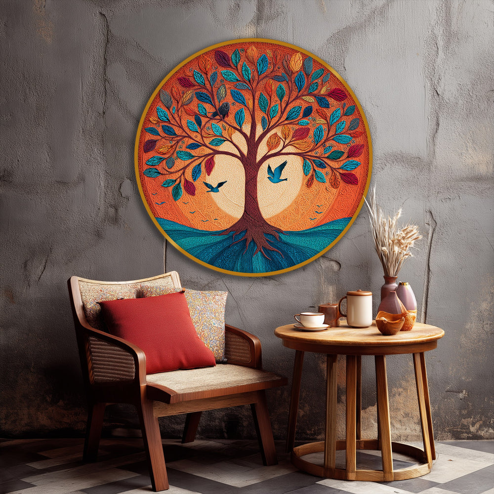 Excellent quality framed canvas is displayed through the 'Vibrant Tree of Life' round canvas print, showcasing colorful leaves and a nature-inspired design.