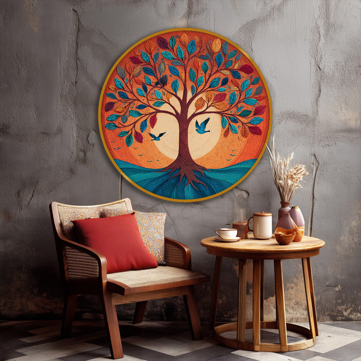 Excellent quality framed canvas is displayed through the 'Vibrant Tree of Life' round canvas print, showcasing colorful leaves and a nature-inspired design.
