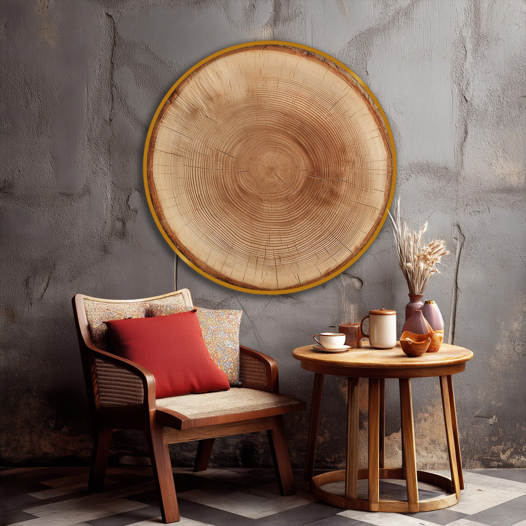 Natural Wood Ring Round Canvas Print – Rustic Tree Trunk Wall Art
