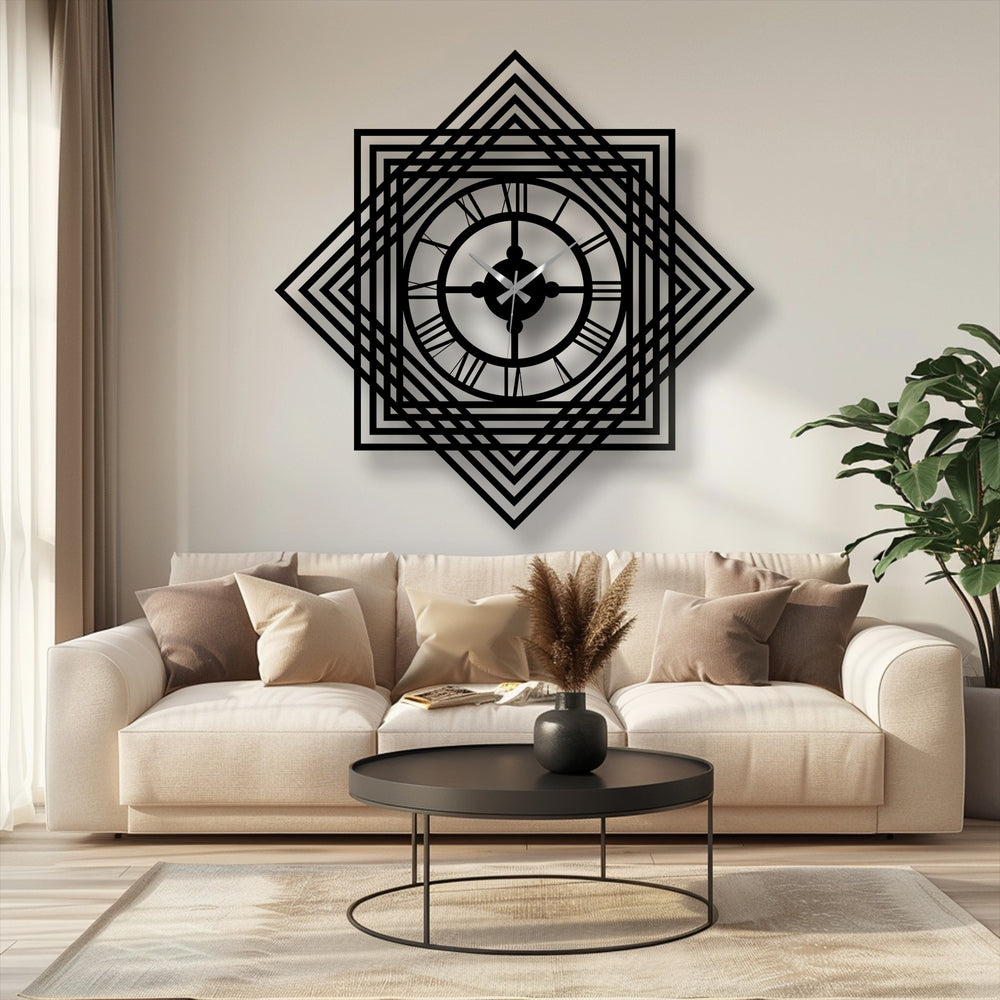 Observing the transition between colors, the geometric layered frame of this metal wall clock offers unique metal wall art that creates an eye-catching focal point.