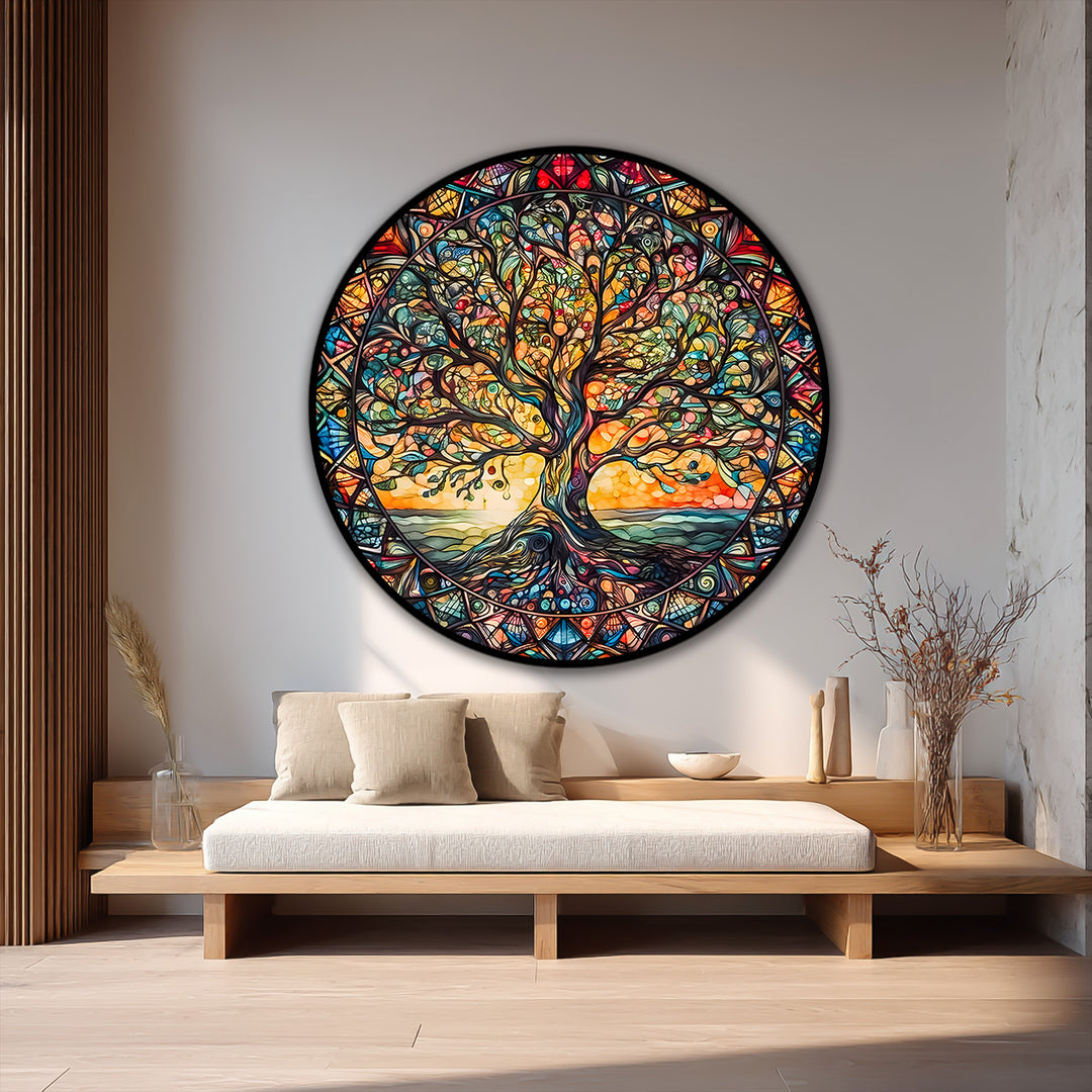 Armonía Radiante – Vitral Árbol de la Vida Redondo Cuadro al óleo