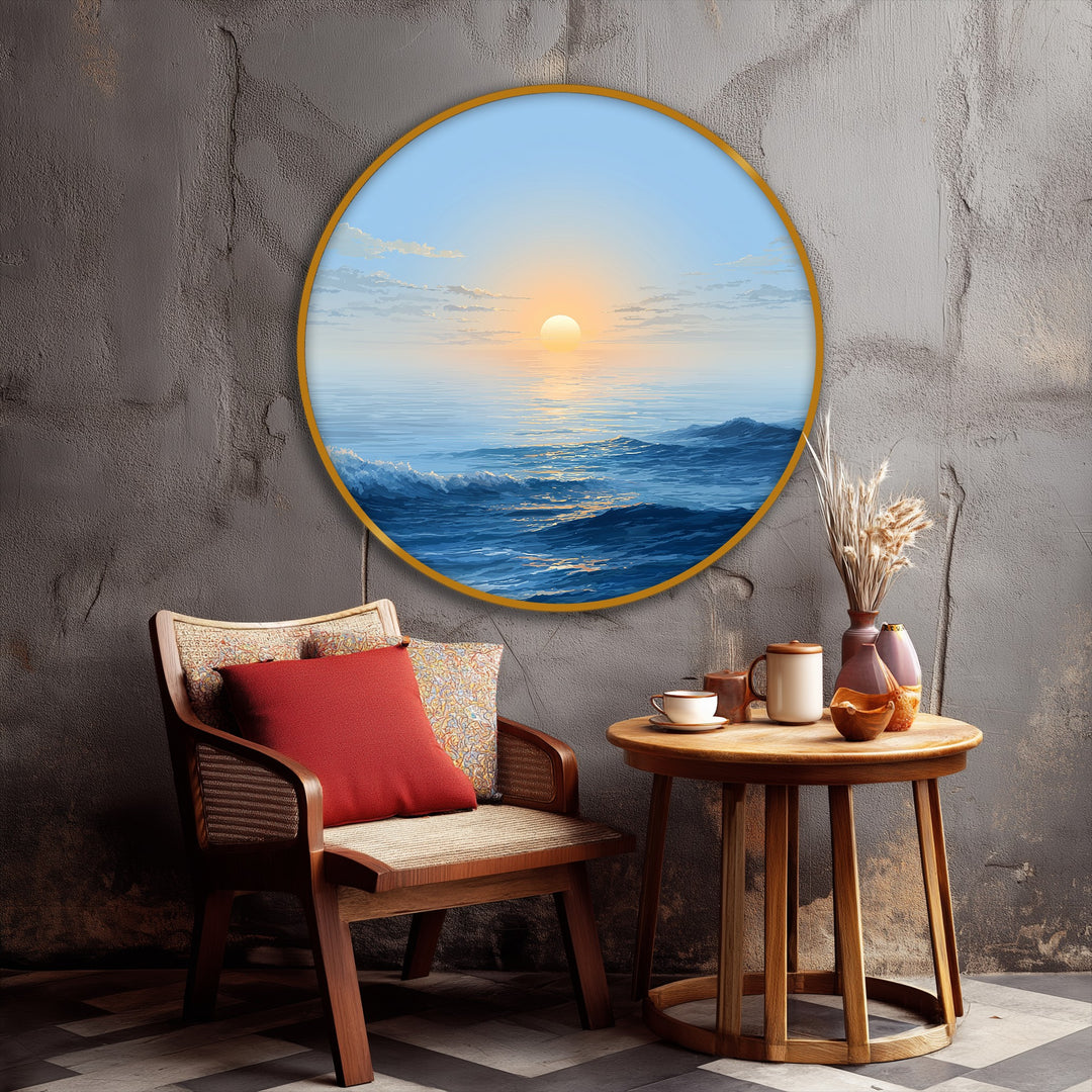 The stillness of the minimalist ocean sunrise round canvas art prints captures a serene moment, with sun rays reflecting on a calm blue seascape.