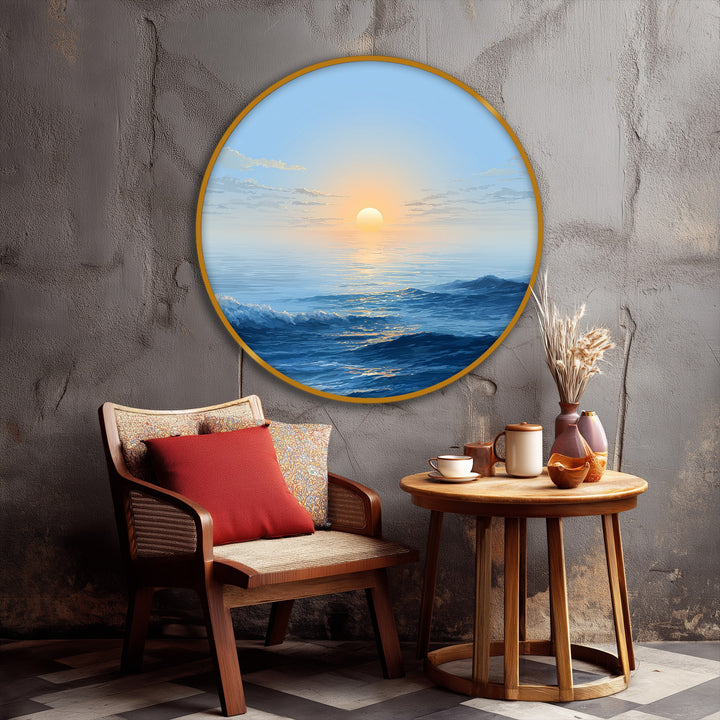 The stillness of the minimalist ocean sunrise round canvas art prints captures a serene moment, with sun rays reflecting on a calm blue seascape.