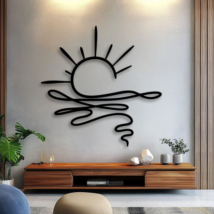 The stillness of the fluid horizon, an abstract sunrise metal decoration wall art, evokes calm with its flowing wave lines.