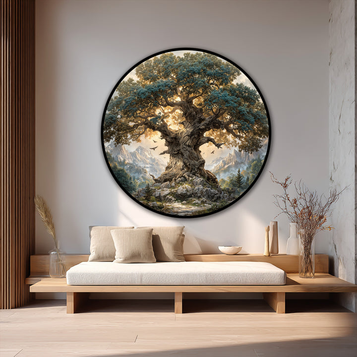 Geometric arrangement features a circular oil painting artwork depicting an ancient oak tree landscape, complemented by the room's rectangular platform and linear wood accents.