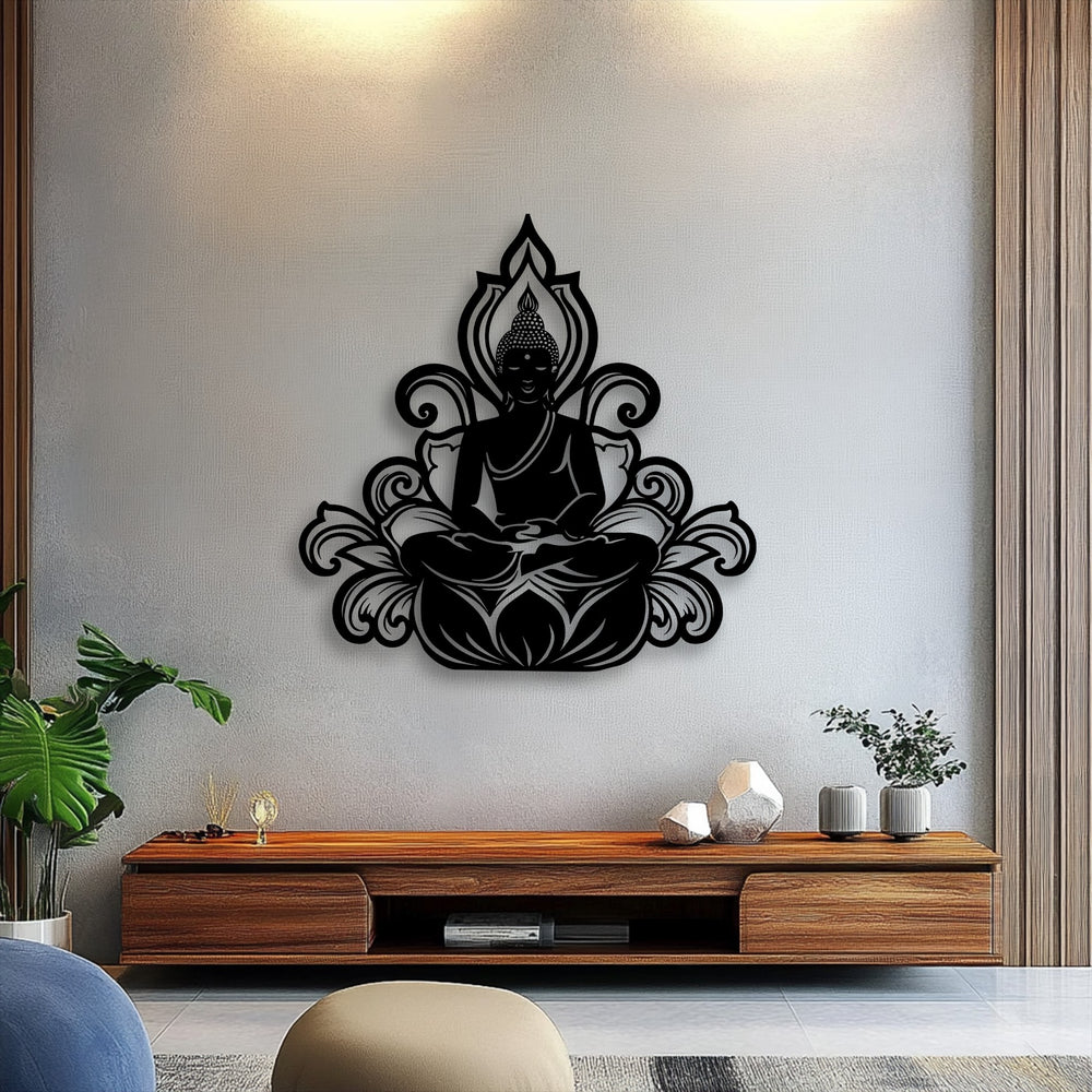 The darkest area reveals a striking serene Buddha lotus silhouette, an intricate piece of metal wall decor.