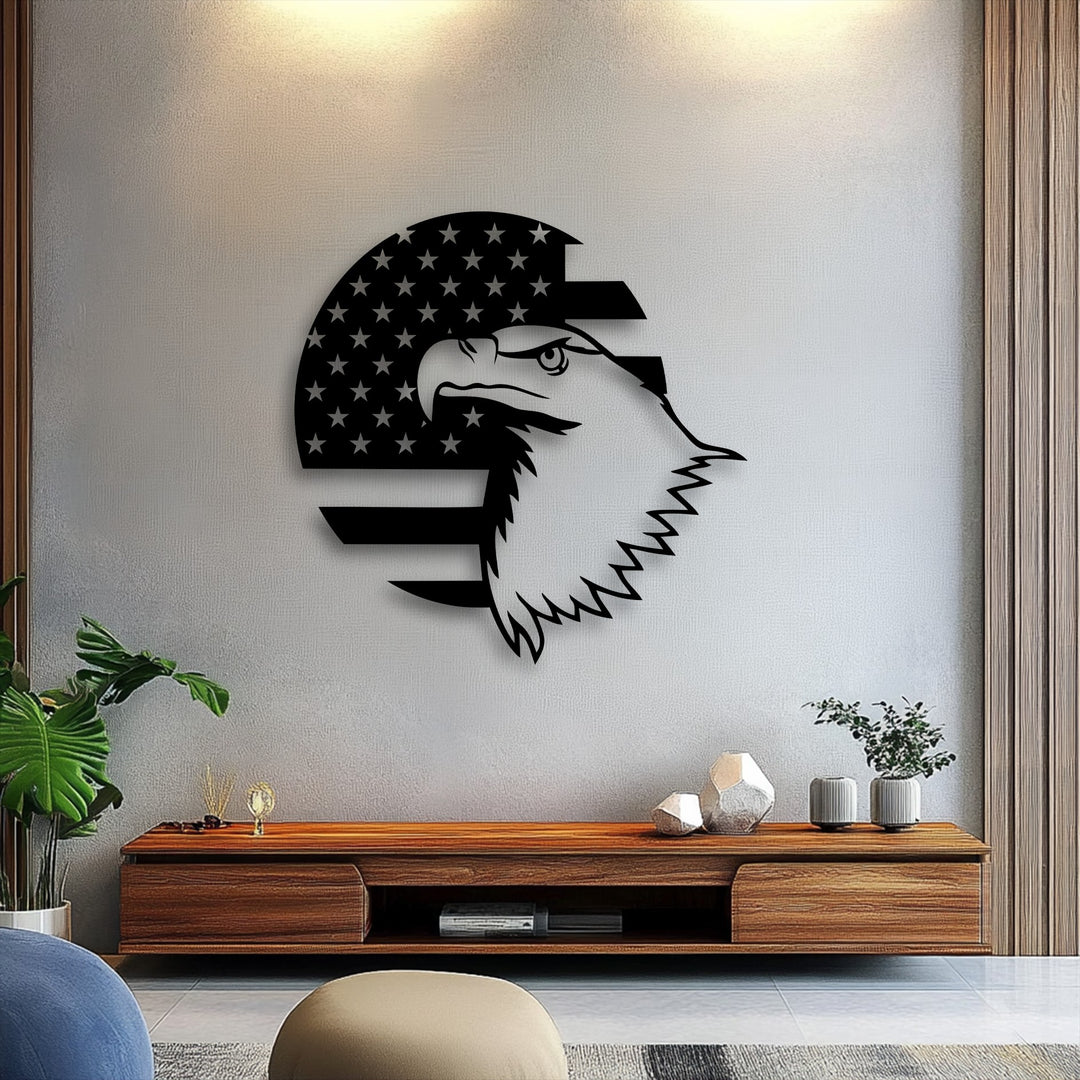 Showcasing realistic detail, this unique metal wall art features a boldly rendered patriotic eagle emblem over an American flag design.