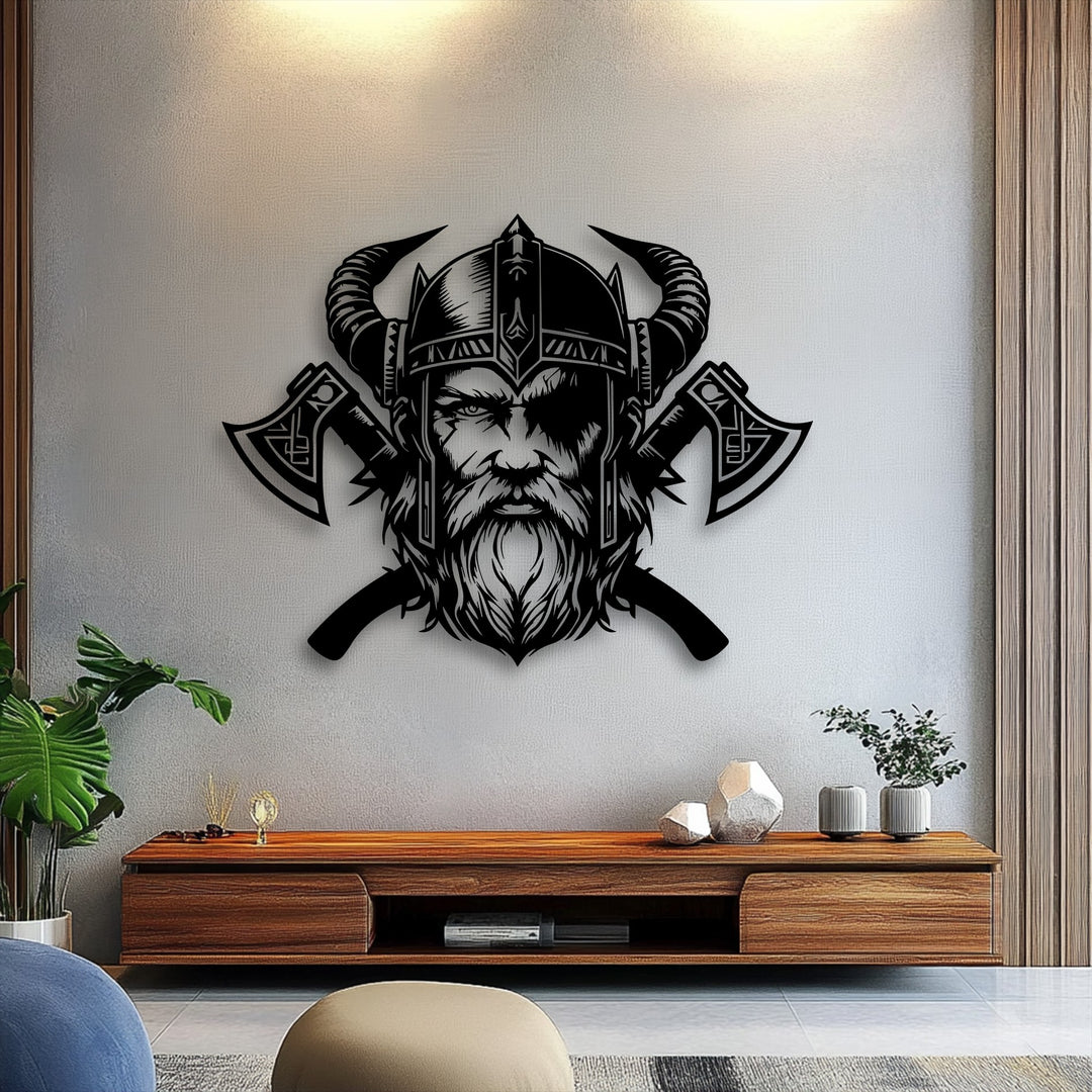 The abstract quality of this decorative metal art depicts a fierce Viking Warrior with a horned helmet and axes in a stark, stylized design.