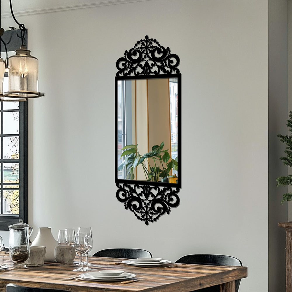 Vertically oriented ornate floor mirror showcases an elegant rectangular shape with a black decorative metal frame, reflecting modern mirror design.