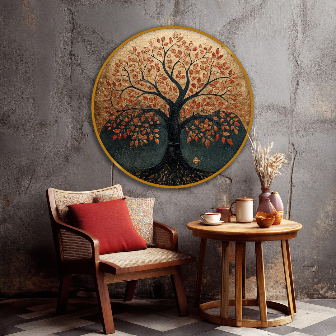 The round canvas displays a captivating autumn tree of life design, showcasing the best canvas prints with its rustic nature wall art aesthetic.