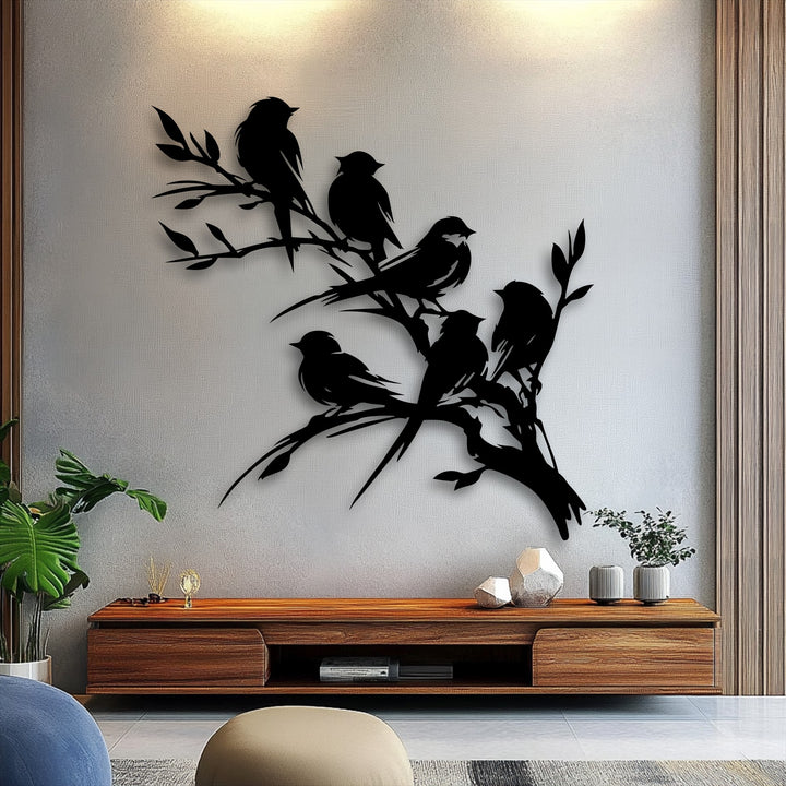 The darkest area, a black Perched Harmony birds on branch silhouette, serves as a focal point for stylish decoration wall art.