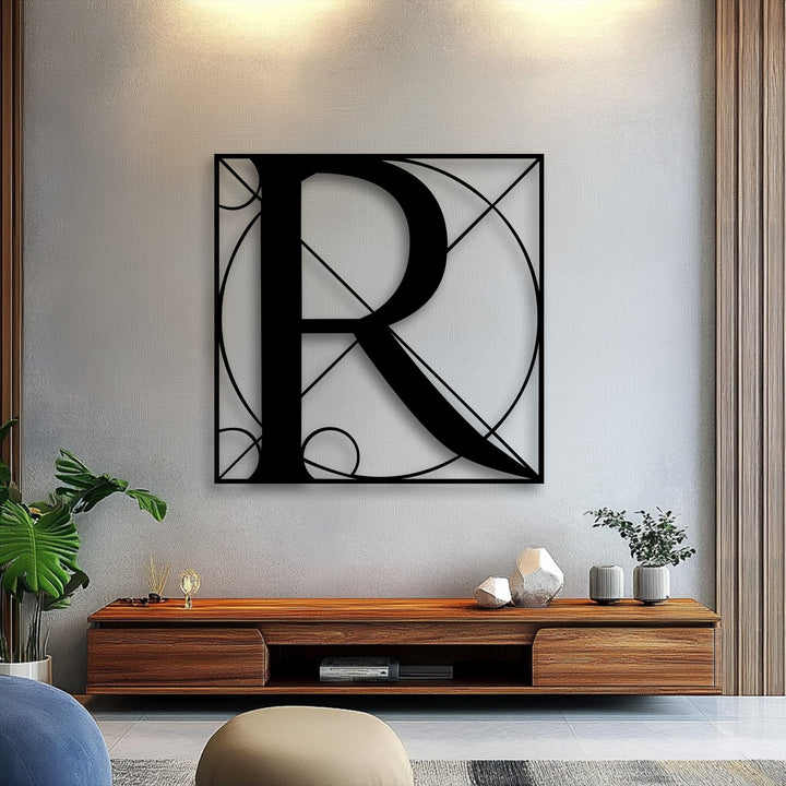 The sharp, clean edges and defined borders of the black geometric letter R metal art for wall create a striking modern monogram.