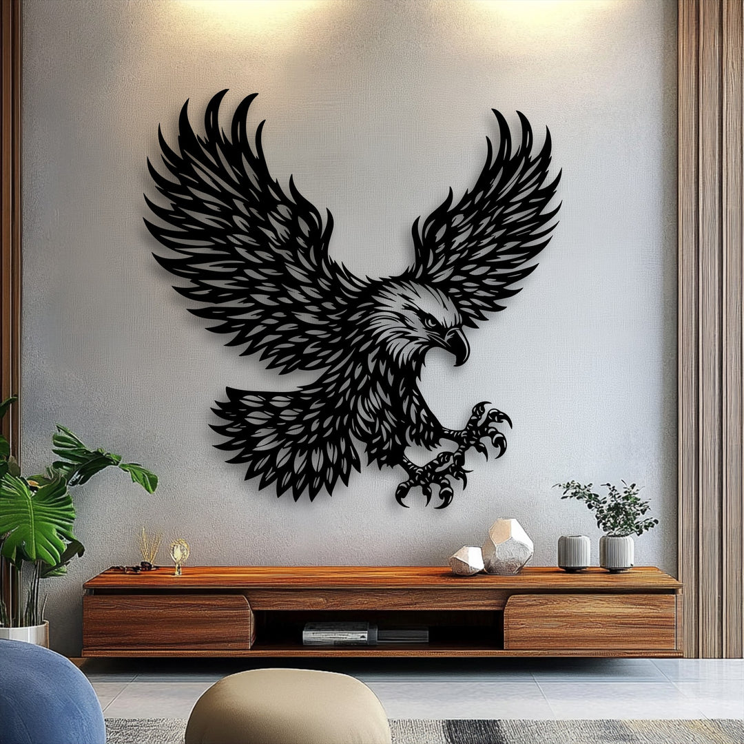 Low color saturation emphasizes the stark contrast of the black majestic eagle flight metal decoration wall art against the neutral wall.