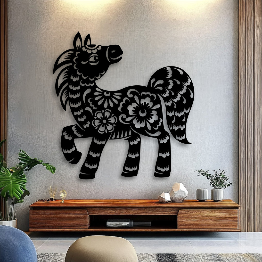 Layering effect is created by the black floral pony silhouette metal wall art, casting shadows on the wall for striking decoration wall art.