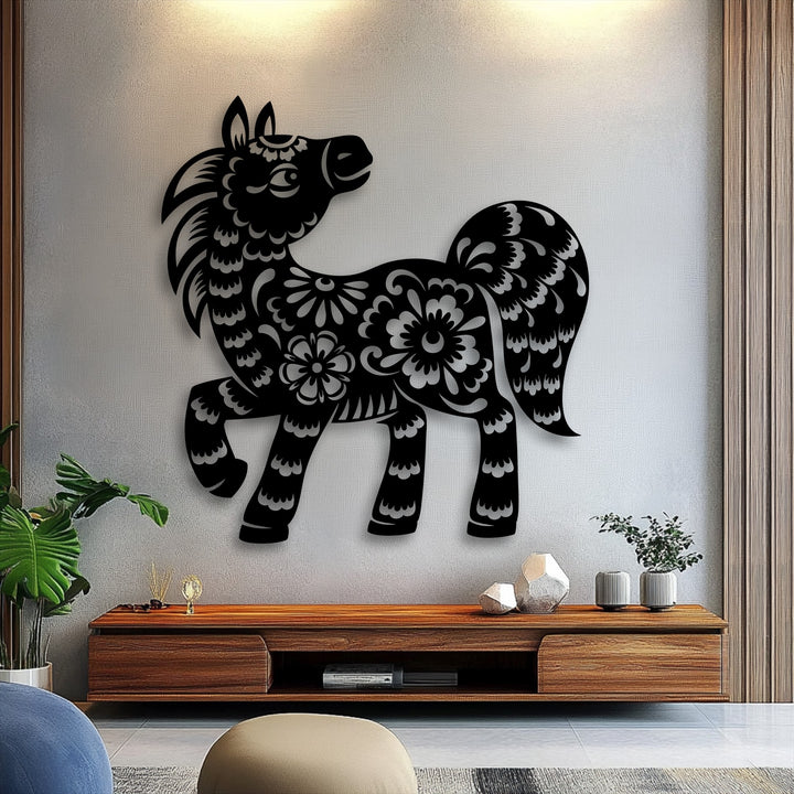 Layering effect is created by the black floral pony silhouette metal wall art, casting shadows on the wall for striking decoration wall art.