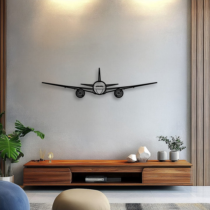 Light grey walls showcase a striking minimalist airplane silhouette metal art for wall, creating modern aviation decor.