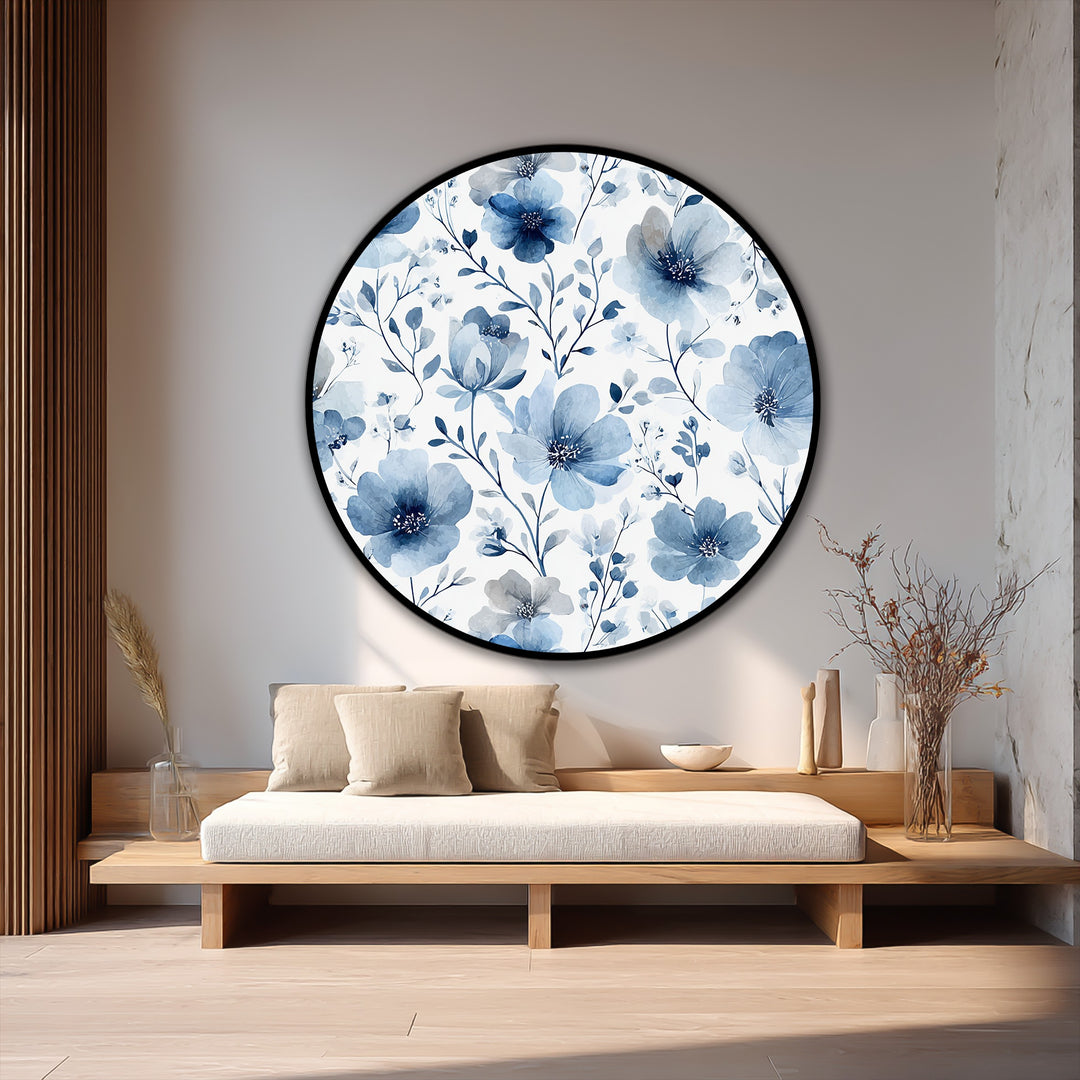 Soft Blue Botanical Pattern Round Oil Painting