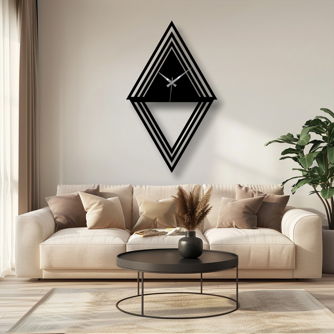 Black dominates this modern metal artwork clock, creating a striking contrast on the light wall, featuring a unique layered diamond geometric design.