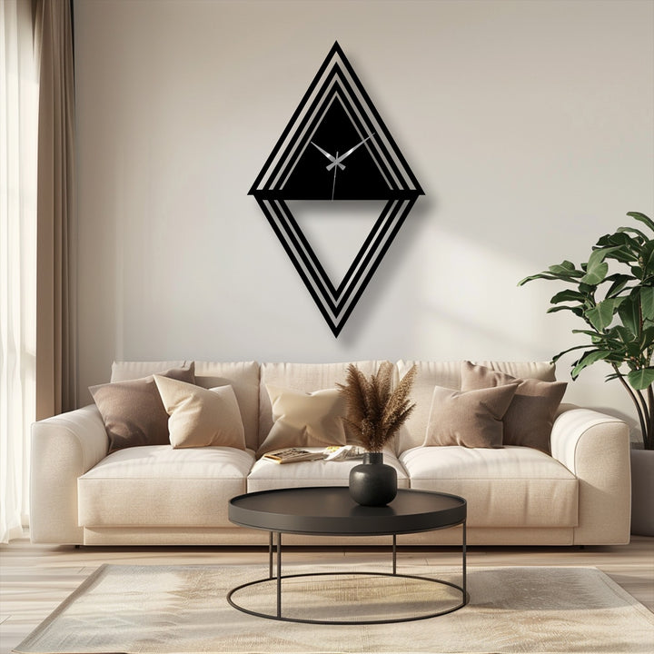 Black dominates this modern metal artwork clock, creating a striking contrast on the light wall, featuring a unique layered diamond geometric design.
