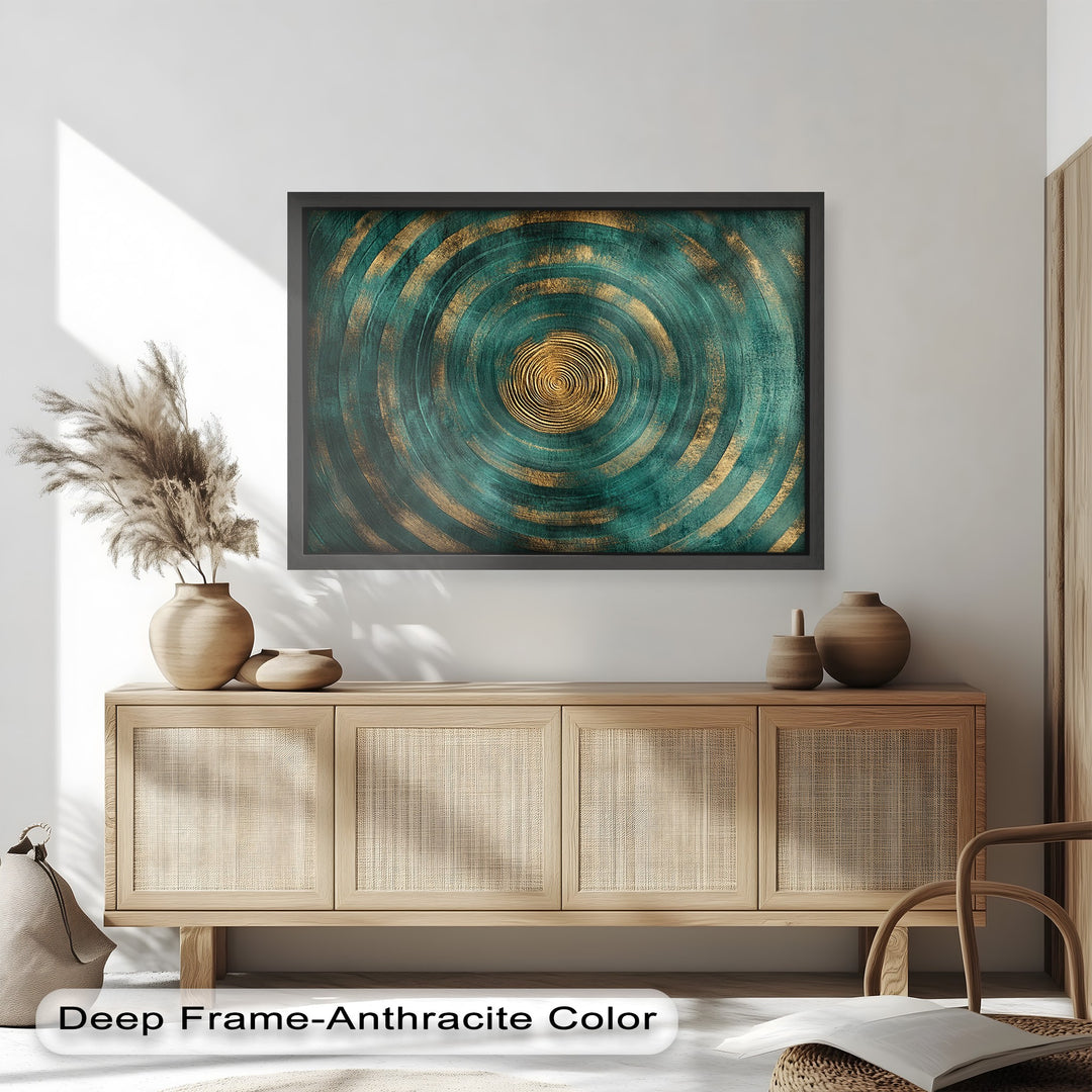 Radiant gold concentric art with teal textured background and circular pattern.
