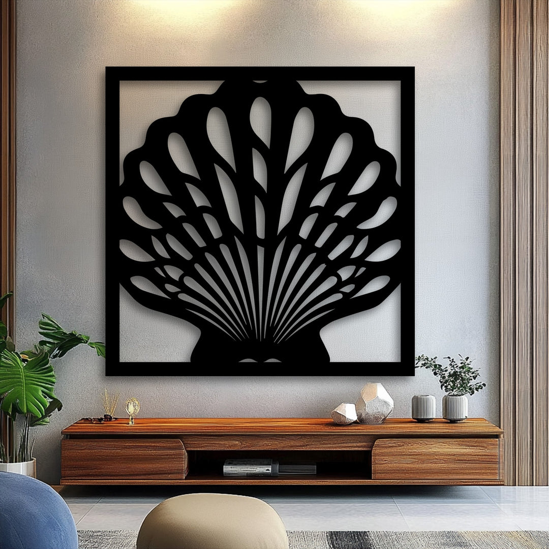 A plush, light beige cushion softens the room's aesthetic, complementing the elegant seashell frame metal decoration wall art.