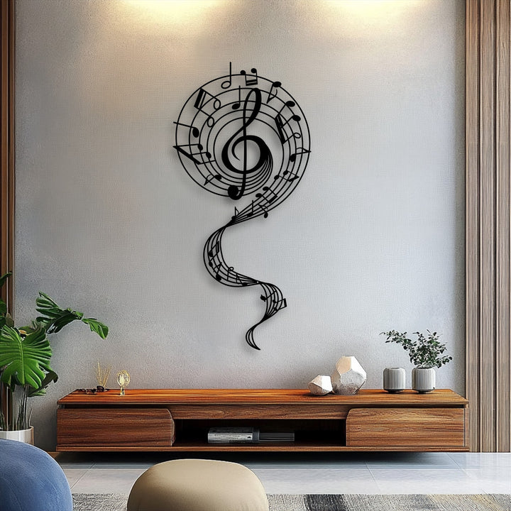 A subtle gradient of warm amber light to cooler grey hues on the wall enhances the striking black abstract music metal decoration wall art.