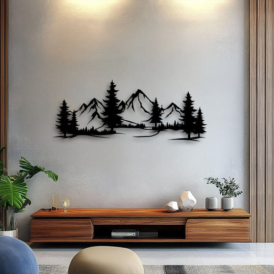The detailed black metal art for wall, showcasing a majestic mountain forest landscape, is the loudest element in this stylish room.