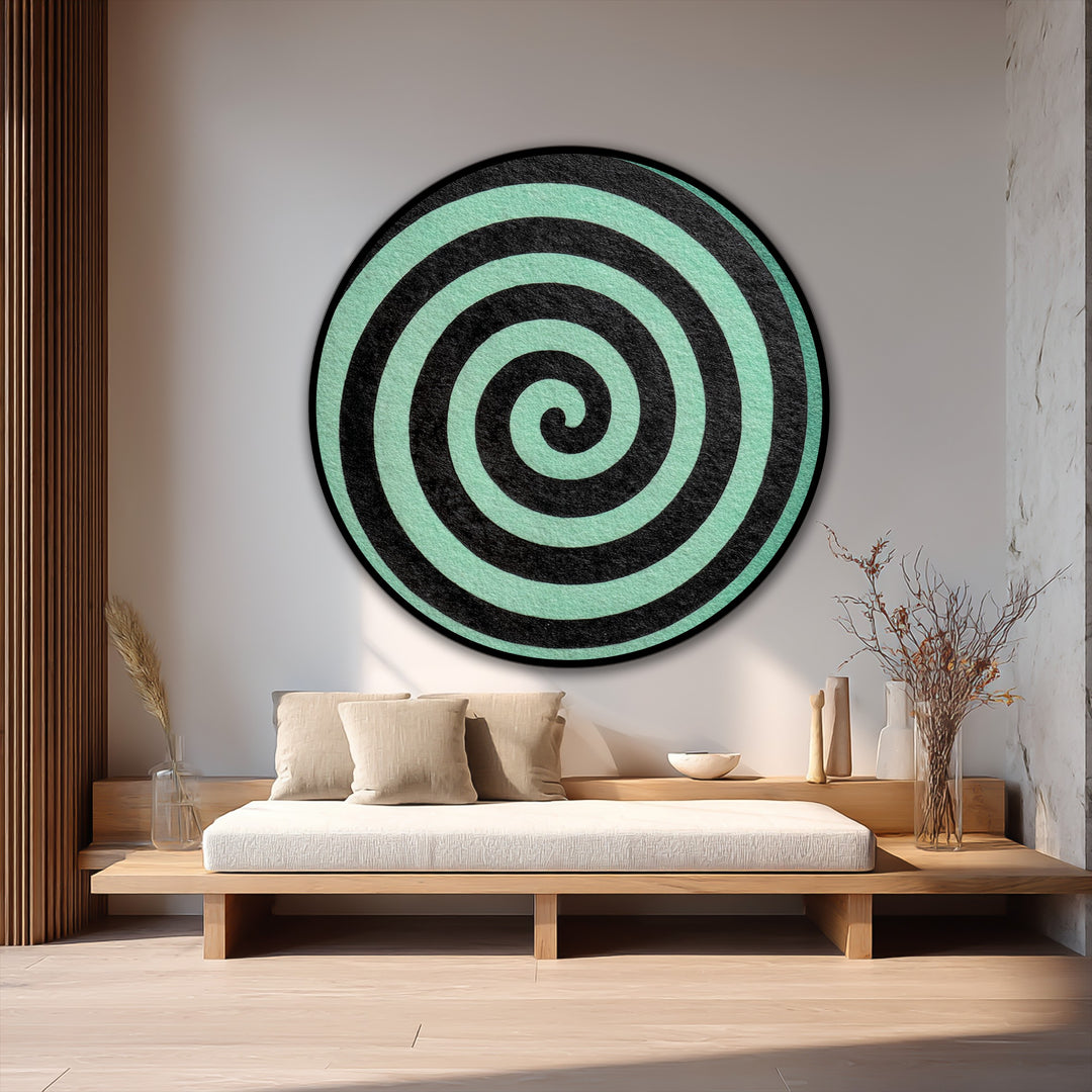 Bold spiral dominates this minimalist round oil painting, a striking example of modern oil painting art with a black and mint abstract design.