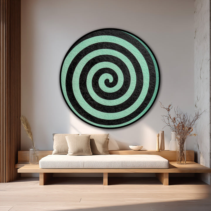 Bold spiral dominates this minimalist round oil painting, a striking example of modern oil painting art with a black and mint abstract design.