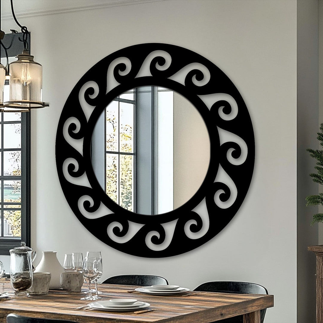 Featuring a black finish, this ornate scroll round floor mirror adds refined detail with the scroll design and offers a stylish stained glass wall mirror appearance.