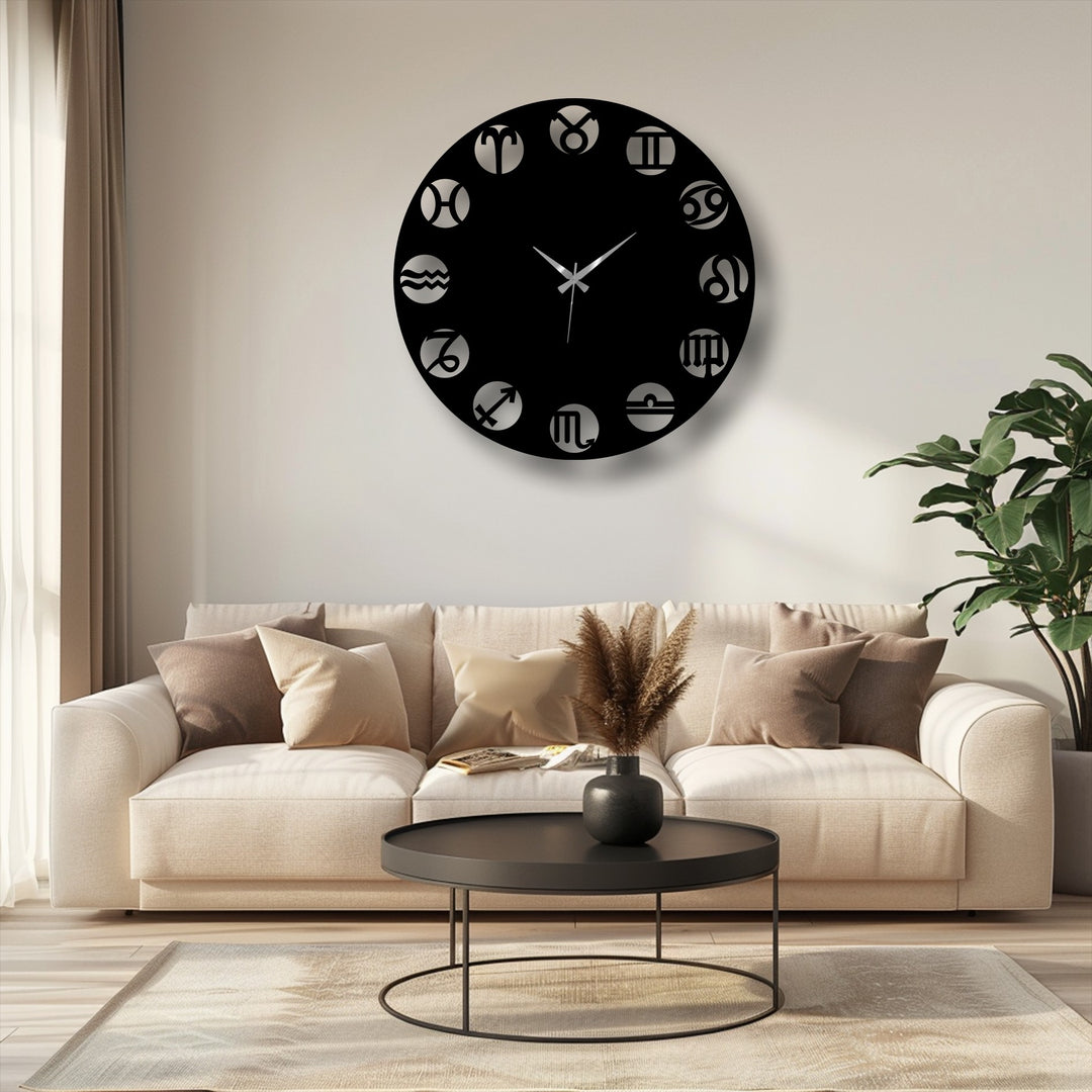 The uniform spacing of distinct astrology symbols creates a captivating visual rhythm on this decorative metal art zodiac clock.