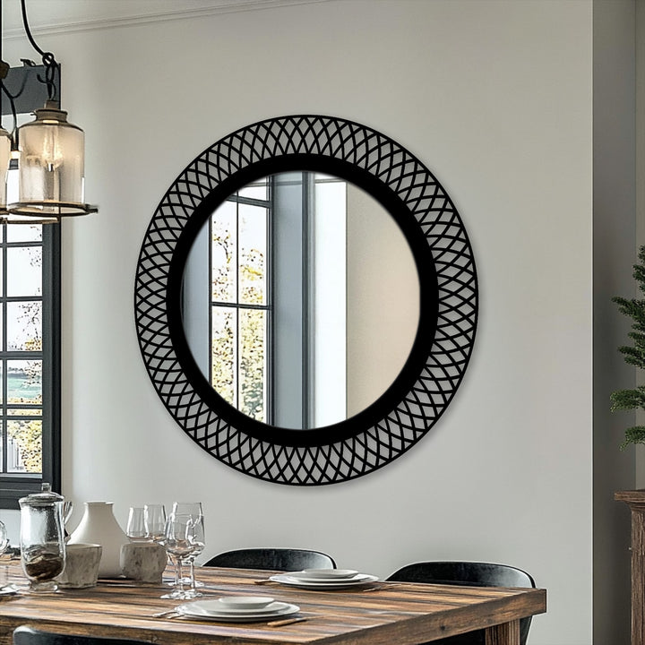 Highlighting the layering effect, a geometric lattice mirror with a black metal frame gives depth to the reflection, resembling stained glass wall mirror artwork.