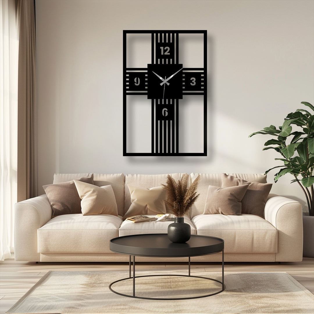 Negative space highlights the modern cross geometry in this metal artwork wall clock, creating a visually striking and minimalist design.