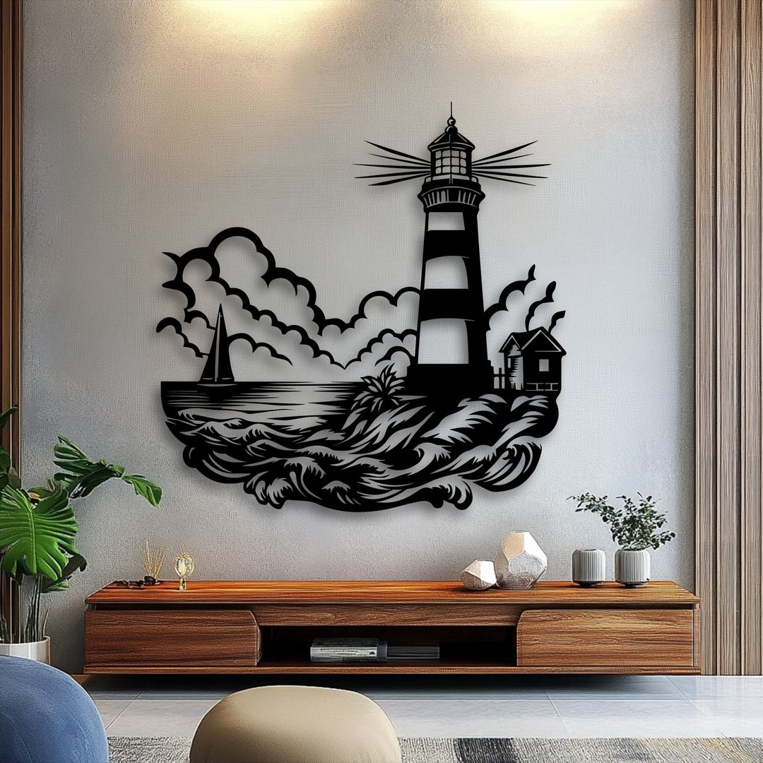 The striking silhouette of the nautical metal wall decor, depicting a coastal lighthouse and ocean waves, features precisely cut edges against the bright wall.