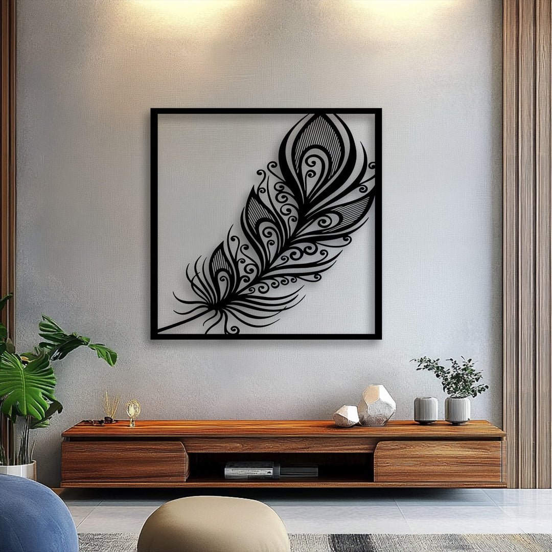 A warm color temperature illuminates the intricate ornate feather unique metal wall art, enhancing its elegant swirl plume decor above a wooden console.
