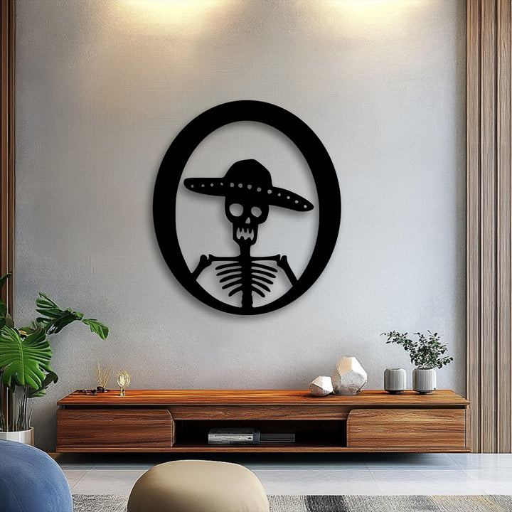 A striking Sombrero Skeleton metal artwork featuring a Day of the Dead design within a bold black circle.