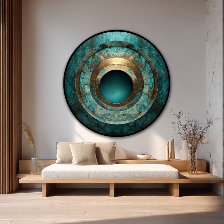 Realistic detail showcases a turquoise abstract round oil painting on wood, a stunning piece of oil painting home decor with concentric circles and layered depth.