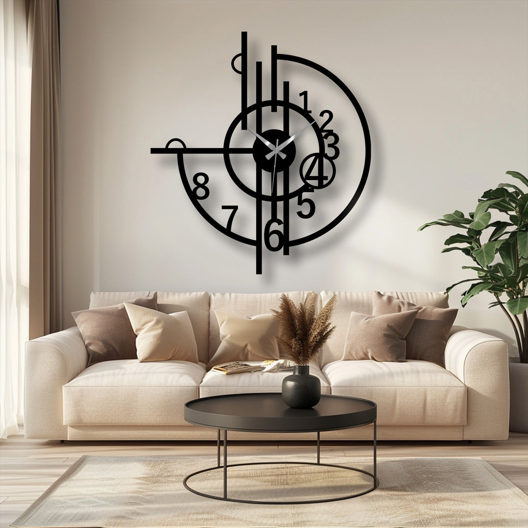 Light and shadow play across this abstract geometric number metal wall clock, enhancing its decorative metal art design in a contemporary living room setting.