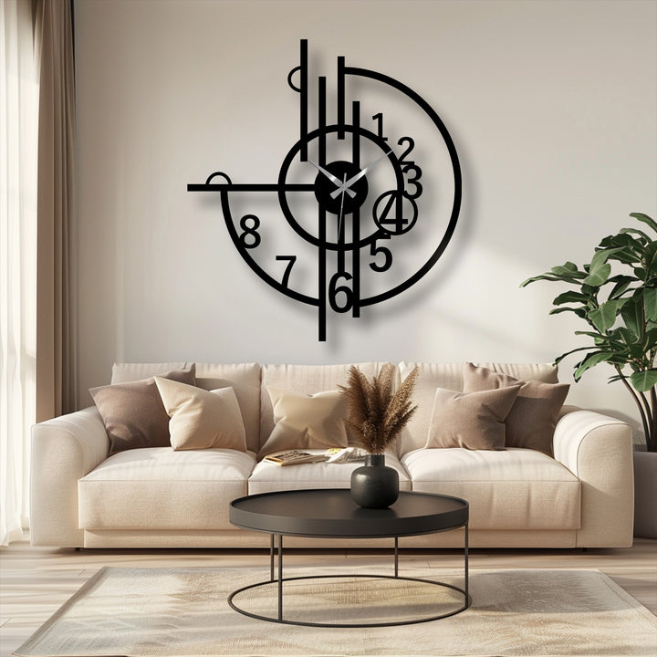 Light and shadow play across this abstract geometric number metal wall clock, enhancing its decorative metal art design in a contemporary living room setting.