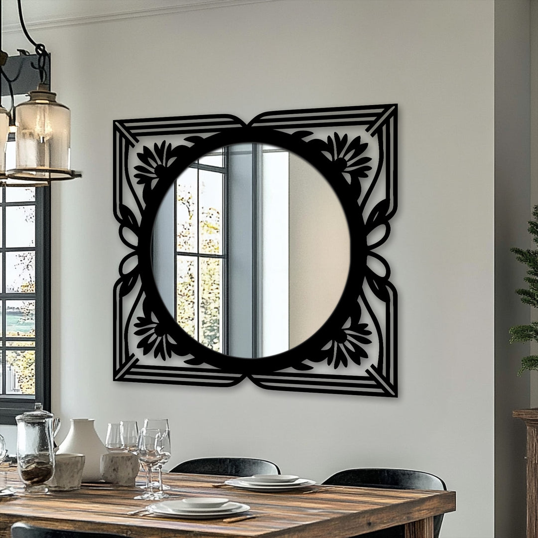 The realistic detail highlights the elegant black metal frame of this floral art deco bathroom mirror, adding a statement design to any room.