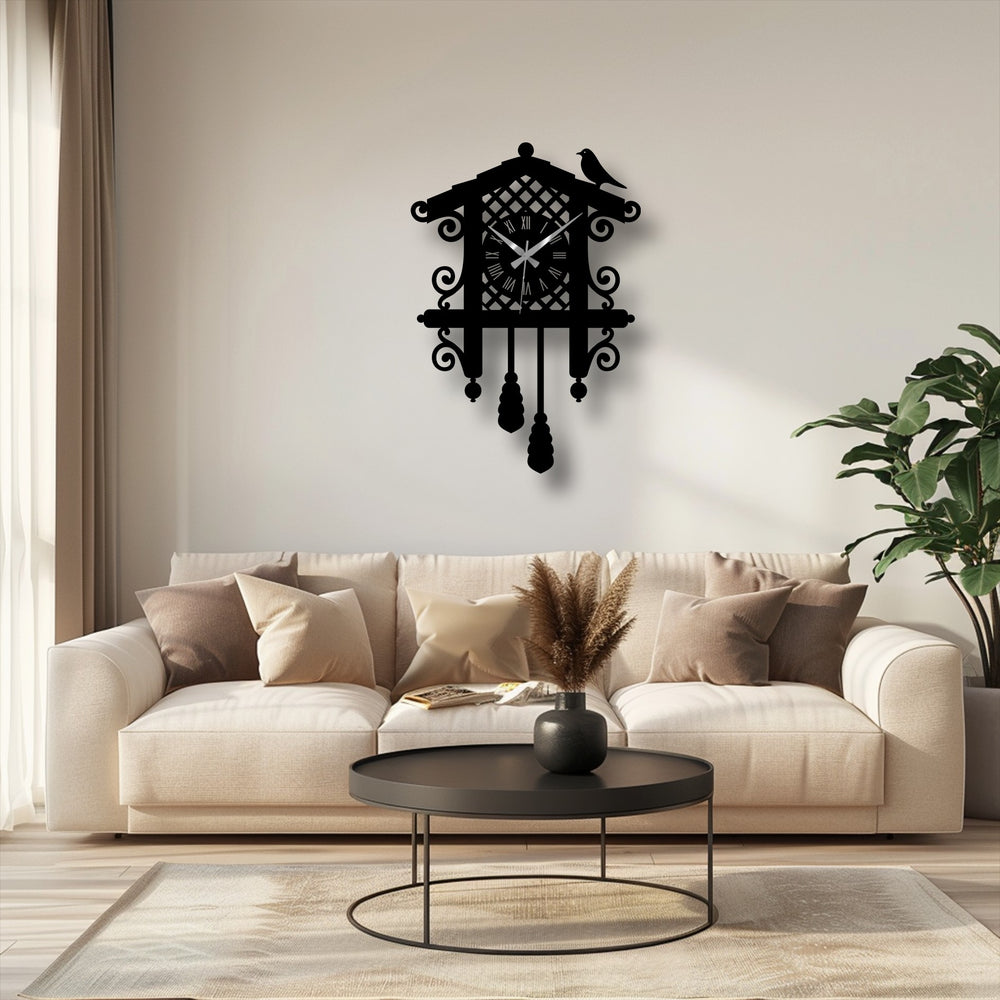 A moment of stillness captured by this decorative metal art, showing a classic cuckoo clock with vintage bird design, seemingly frozen in time.