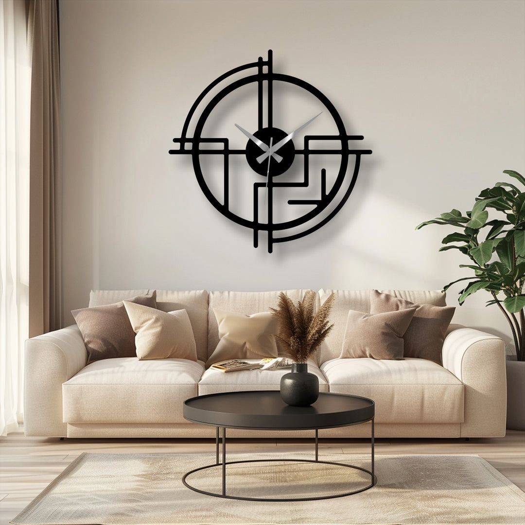 The focal point is a modern abstract line metal wall clock, a striking piece of metal wall decor adding a contemporary touch to the living room.
