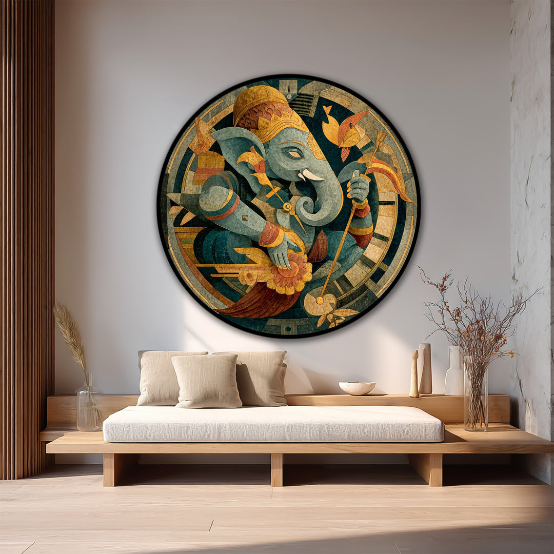 Subtle light and shadow interplay defines the texture of this modern oil painting art depicting the Sacred Ganesha circle on a round wooden canvas.