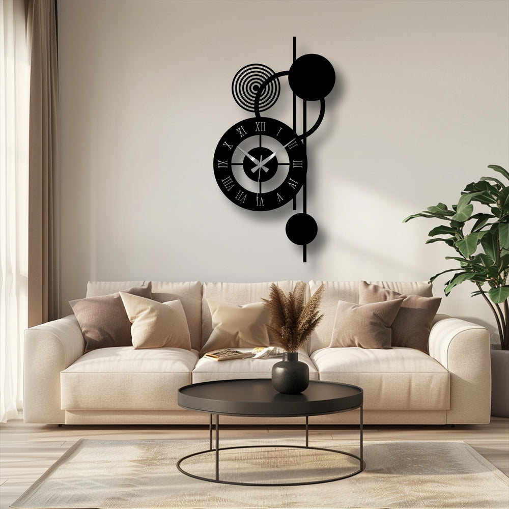 In the stillness, a modern orbit roman metal wall clock presents a captivating display of abstract vertical metal artwork with roman numerals in a staged living room.
